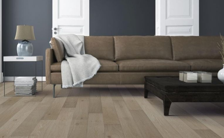 living room with red oak flooring